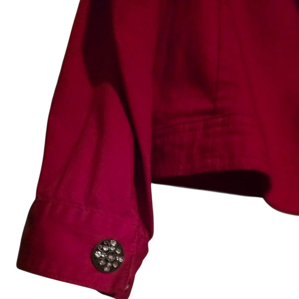 Zebra Lined Collar & Cuffs, Large Sparkle Jeweled Buttons, Red Denim Jacket - Picture 4 of 12
